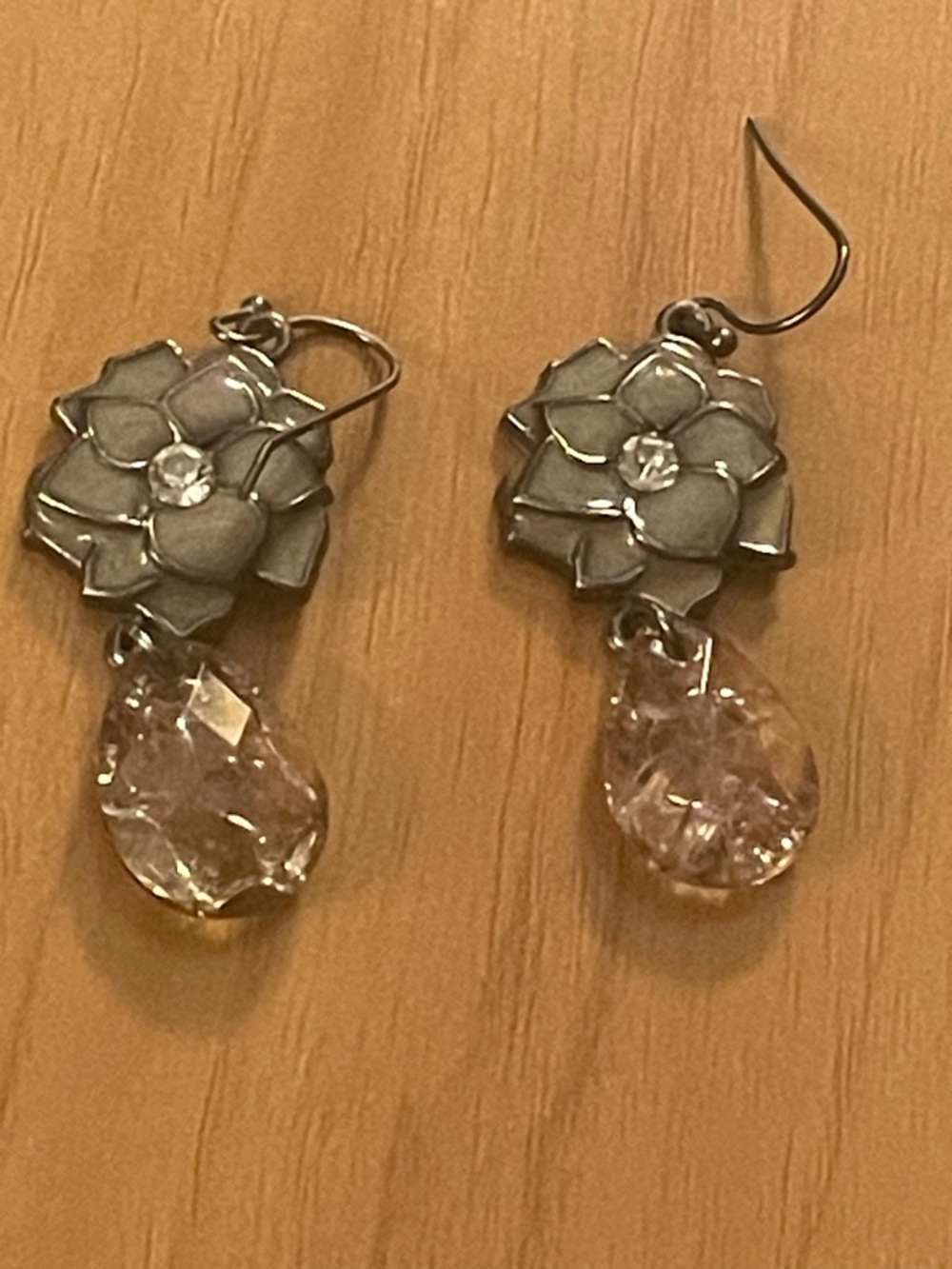Silver Tone Floral Drop Earrings with Clear Crystal Teardrops